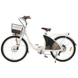 Ecotric 26" White Lark Electric City Bike for Women with Basket and Rear Rack - Left Side View